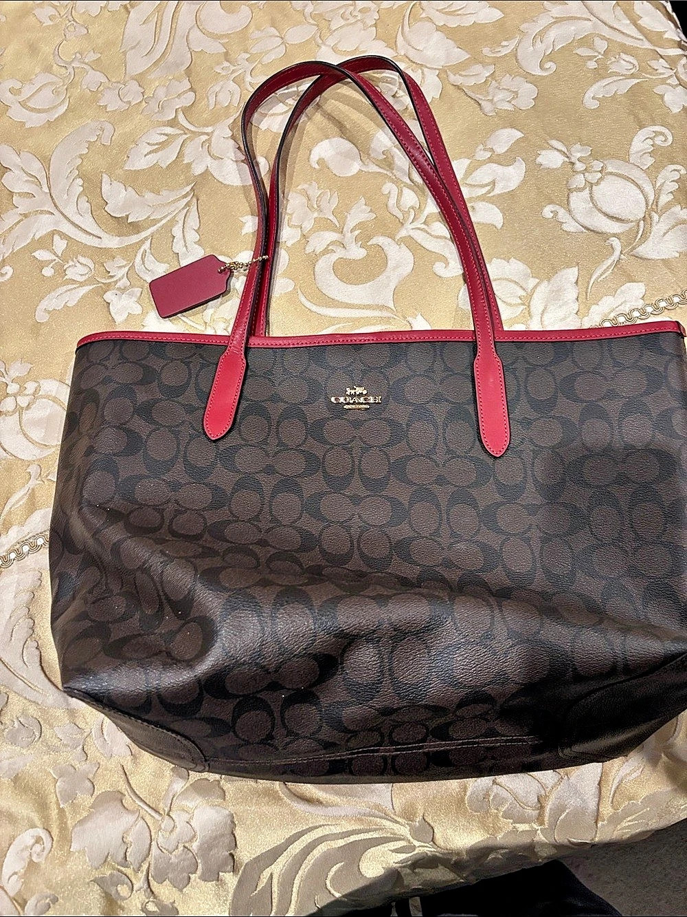 Coach City Tote In Signature Canvas Brown & Red